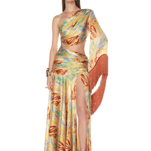 Bronx and Banco Multicolour Jafari Isla Fringe One Sleeve Gown  a harmonious blend of structured elegance and timeless sophistication