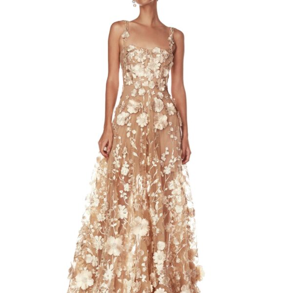 Bronx and Banco Gold Jasmine Gold Gown  a harmonious blend of structured elegance and timeless sophistication.