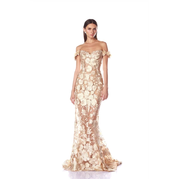 Bronx and Banco Jasmine Gold Off Shoulder Gown, view 2