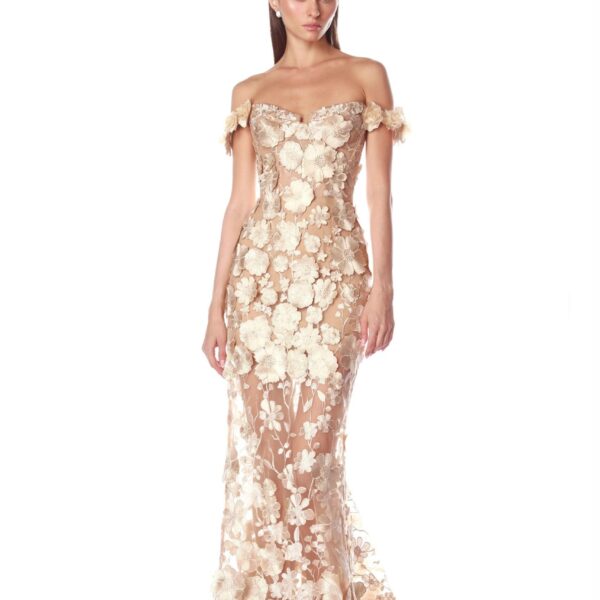 Bronx and Banco Gold Jasmine Gold Off Shoulder Gown  a harmonious blend of structured elegance and timeless sophistication.