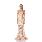 Bronx and Banco Gold Jasmine Gold Off Shoulder Gown  a harmonious blend of structured elegance and timeless sophistication