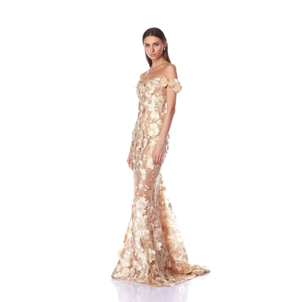 Bronx and Banco Jasmine Gold Off Shoulder Gown, view 3