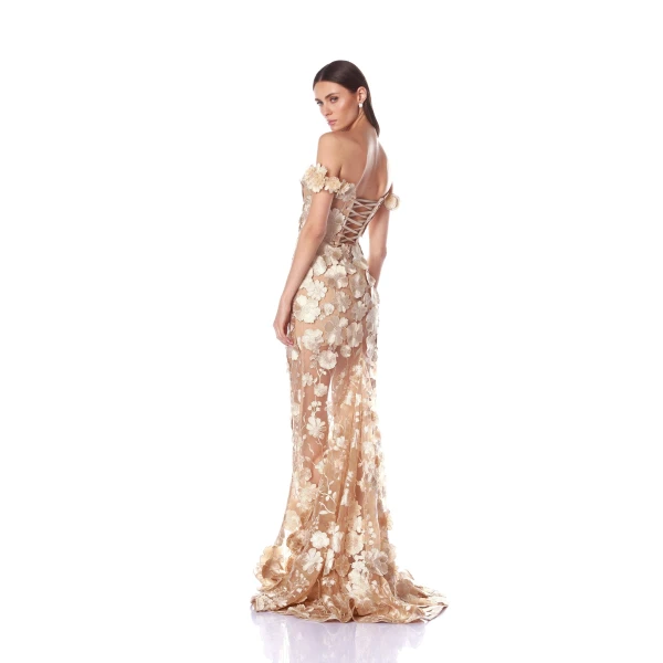 Bronx and Banco Jasmine Gold Off Shoulder Gown, view 4