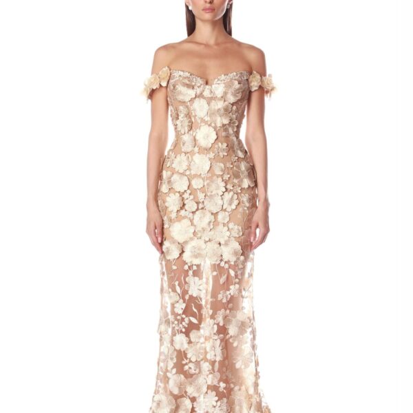 Bronx and Banco Gold Jasmine Gold Off Shoulder Gown  a harmonious blend of structured elegance and timeless sophistication