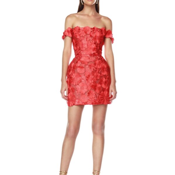Bronx and Banco Red Jasmine Maraya Off The Shoulder Red Mini Dress  a harmonious blend of structured elegance and timeless sophistication.