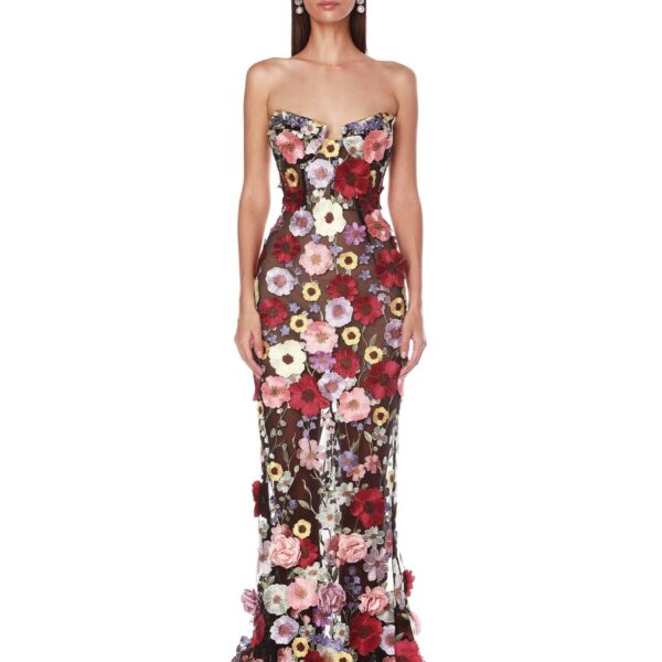 Bronx and Banco Multicolour Jasmine Multi Floral Strapless Gown  a harmonious blend of structured elegance and timeless sophistication.