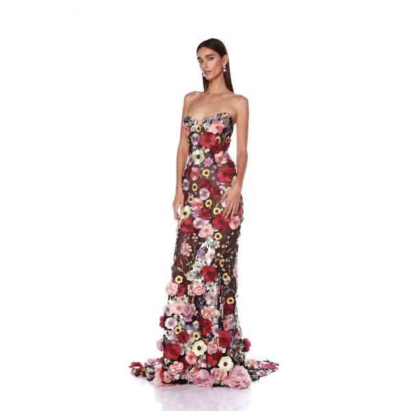 Bronx and Banco Jasmine Multi Floral Strapless Gown, view 3