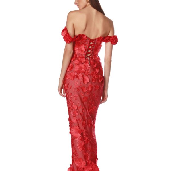 Bronx and Banco Red Jasmine Red Off Shoulder Gown  a harmonious blend of structured elegance and timeless sophistication.