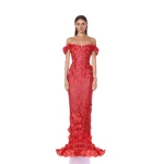 Bronx and Banco Red Jasmine Red Off Shoulder Gown  a harmonious blend of structured elegance and timeless sophistication