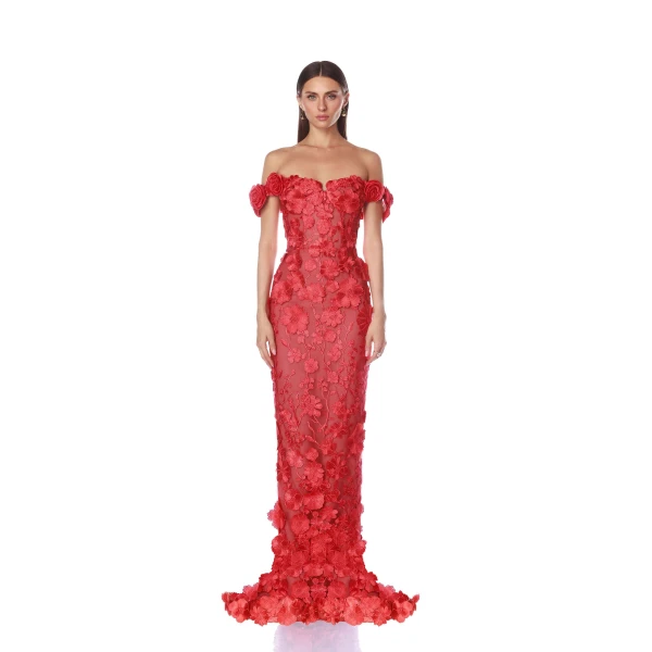Bronx and Banco Jasmine Red Off Shoulder Gown