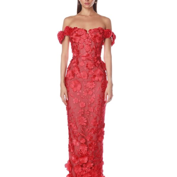 Bronx and Banco Red Jasmine Red Off Shoulder Gown  a harmonious blend of structured elegance and timeless sophistication