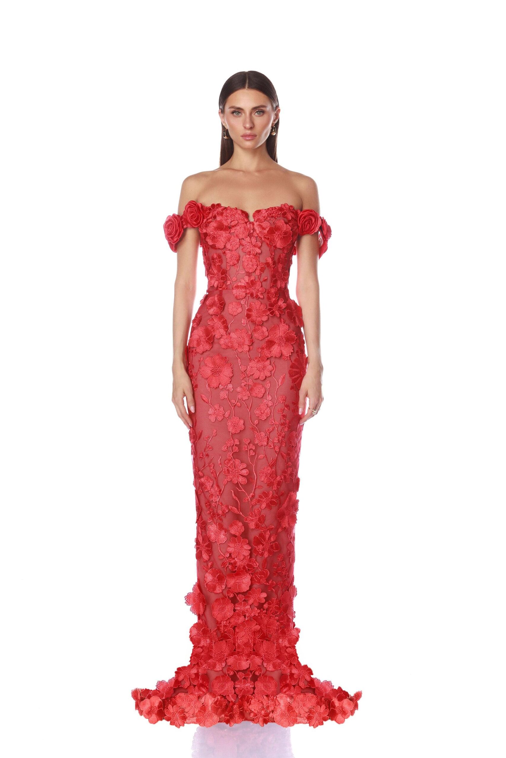 Bronx and Banco Jasmine Red Off Shoulder Gown Bronx and Banco Red Jasmine Red Off Shoulder Gown a harmonious blend of structured elegance and timeless sophistication