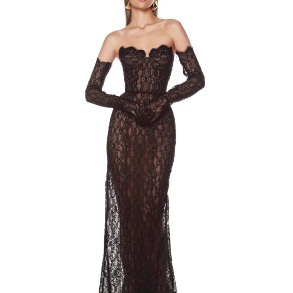 Bronx and Banco Black Kiera Strapless Gown  a harmonious blend of structured elegance and timeless sophistication.