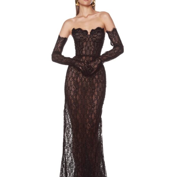 Bronx and Banco Black Kiera Strapless Gown  a harmonious blend of structured elegance and timeless sophistication