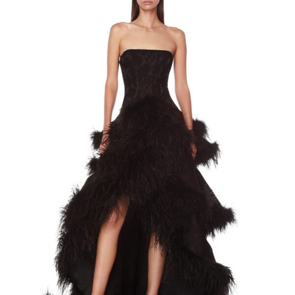 Bronx and Banco Black Louisa Noir Strapless Feather Gown  a harmonious blend of structured elegance and timeless sophistication.