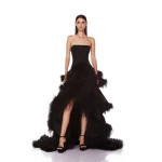Bronx and Banco Black Louisa Noir Strapless Feather Gown  a harmonious blend of structured elegance and timeless sophistication