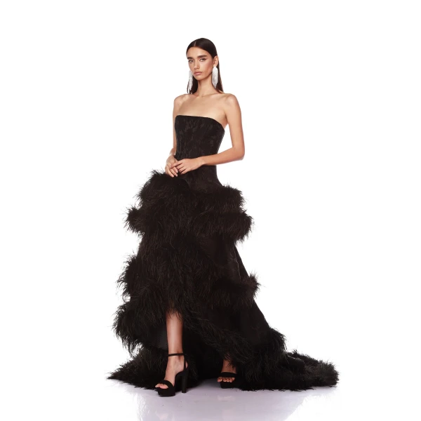 Bronx and Banco Louisa Noir Strapless Feather Gown, view 3