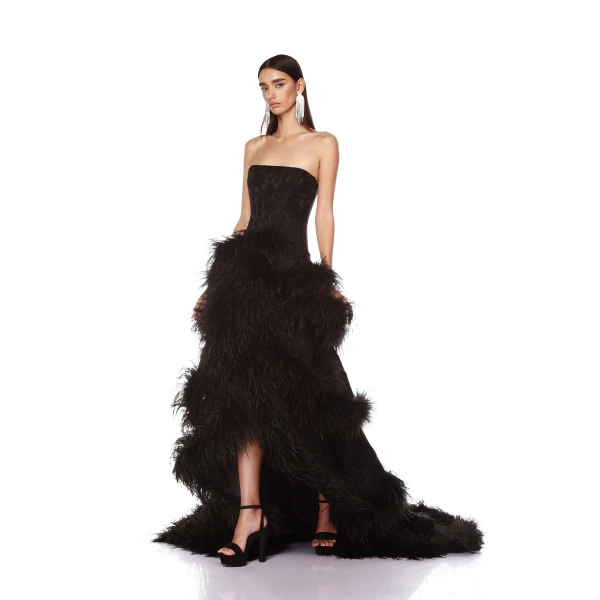 Bronx and Banco Louisa Noir Strapless Feather Gown, view 4