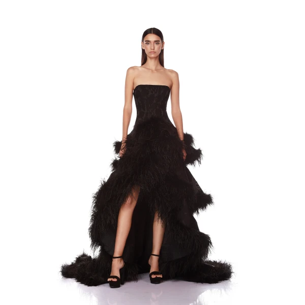 Bronx and Banco Louisa Noir Strapless Feather Gown
