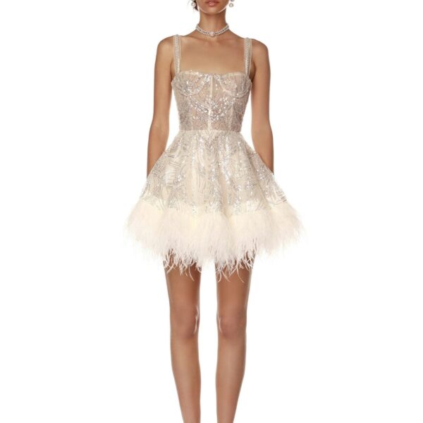 Bronx and Banco White Mademoiselle Beaded Mini Dress  a harmonious blend of structured elegance and timeless sophistication