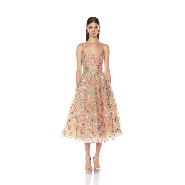 Bronx and Banco Mademoiselle Embroidered Gold Floral Midi Dress, view 2