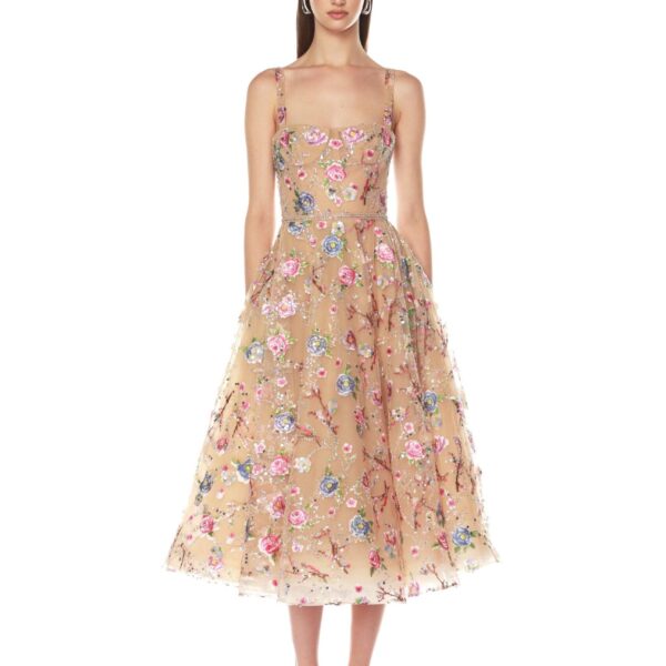 Bronx and Banco Red Mademoiselle Embroidered Gold Floral Midi Dress  a harmonious blend of structured elegance and timeless sophistication.