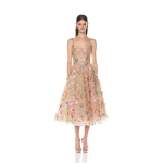 Bronx and Banco Red Mademoiselle Embroidered Gold Floral Midi Dress  a harmonious blend of structured elegance and timeless sophistication