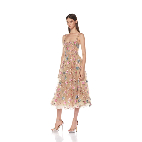 Bronx and Banco Mademoiselle Embroidered Gold Floral Midi Dress, view 3