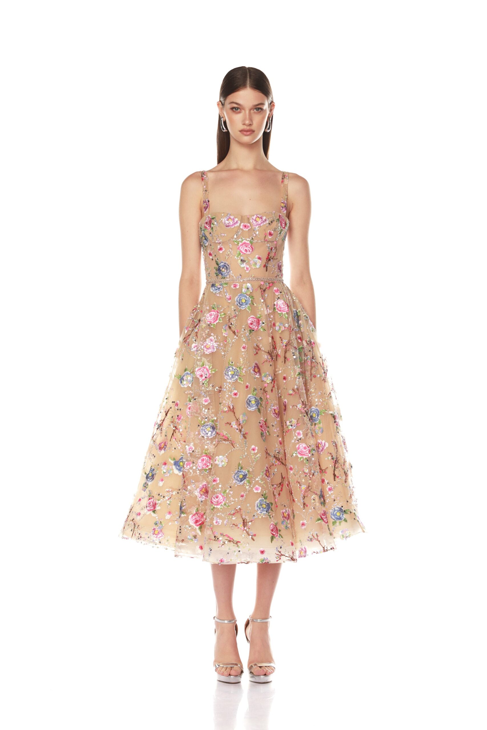 Bronx and Banco Mademoiselle Embroidered Gold Floral Midi Dress Bronx and Banco Red Mademoiselle Embroidered Gold Floral Midi Dress a harmonious blend of structured elegance and timeless sophistication