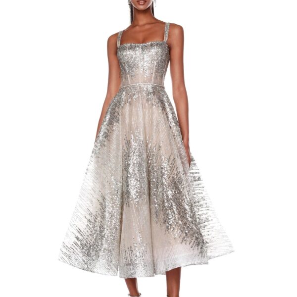 Bronx and Banco Silver Mademoiselle Silver Midi Dress  a harmonious blend of structured elegance and timeless sophistication.