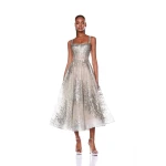 Bronx and Banco Silver Mademoiselle Silver Midi Dress  a harmonious blend of structured elegance and timeless sophistication