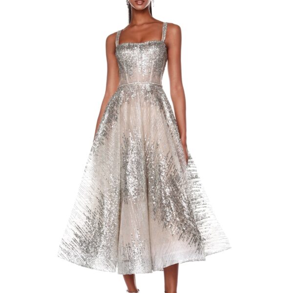Bronx and Banco Silver Mademoiselle Silver Midi Dress  a harmonious blend of structured elegance and timeless sophistication