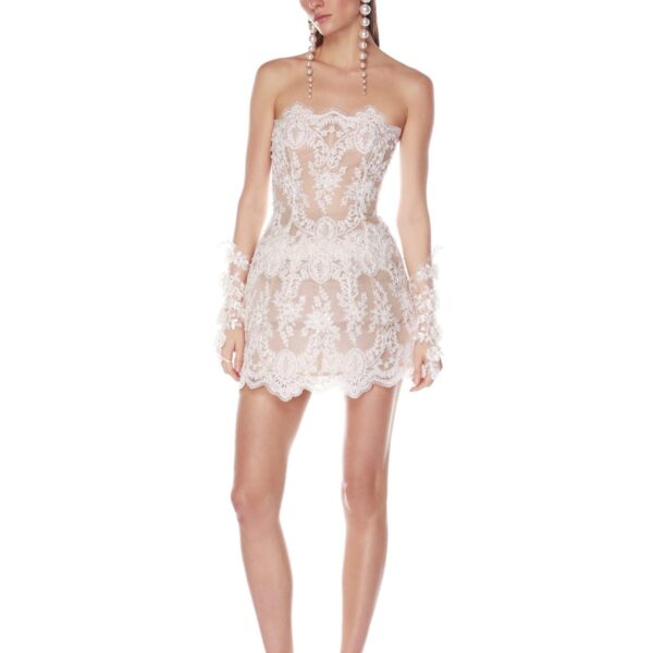 Bronx and Banco Ivory Maraya Blanc Lace Mini Dress  a harmonious blend of structured elegance and timeless sophistication.