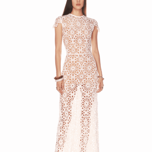 Bronx and Banco White Marley Cap Sleeve White Crochet Maxi Dress  a harmonious blend of structured elegance and timeless sophistication.