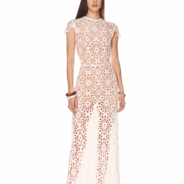 Bronx and Banco White Marley Cap Sleeve White Crochet Maxi Dress  a harmonious blend of structured elegance and timeless sophistication