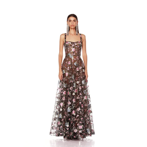 Bronx and Banco Midnight Embroidered Floral Gown, view 2