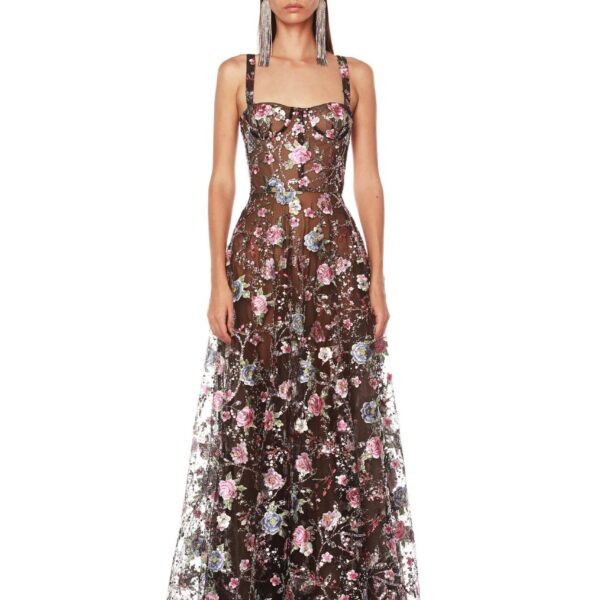 Bronx and Banco Red Midnight Embroidered Floral Gown  a harmonious blend of structured elegance and timeless sophistication.