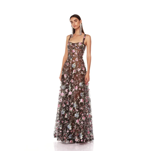Bronx and Banco Midnight Embroidered Floral Gown, view 3