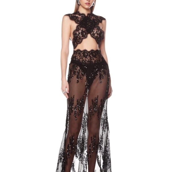 Bronx and Banco Black Naia Lace Gown  a harmonious blend of structured elegance and timeless sophistication.