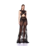 Bronx and Banco Black Naia Lace Gown  a harmonious blend of structured elegance and timeless sophistication