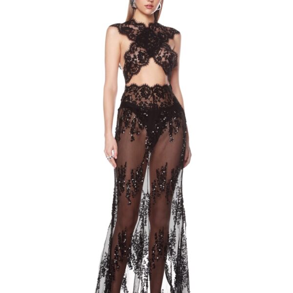 Bronx and Banco Black Naia Lace Gown  a harmonious blend of structured elegance and timeless sophistication