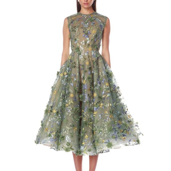 Bronx and Banco Green Saba Floral Green Midi Dress  a harmonious blend of structured elegance and timeless sophistication.