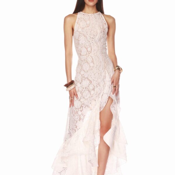 Bronx and Banco White Sicilia White Ruffle Dress  a harmonious blend of structured elegance and timeless sophistication.