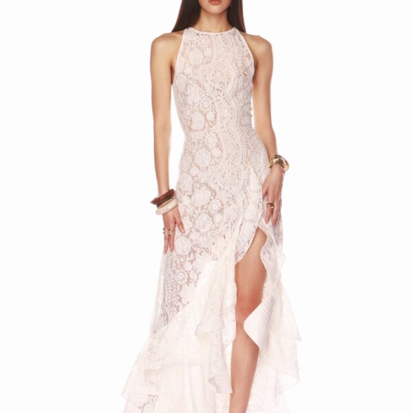 Bronx and Banco White Sicilia White Ruffle Dress  a harmonious blend of structured elegance and timeless sophistication