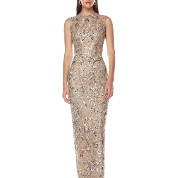 Bronx and Banco Silver Violet Silver Maxi Dress  a harmonious blend of structured elegance and timeless sophistication.
