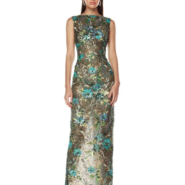 Bronx and Banco Green Violet Teal Maxi Dress  a harmonious blend of structured elegance and timeless sophistication