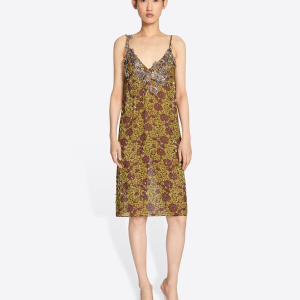with embellished neckline and Archive 1997 jacquard print.