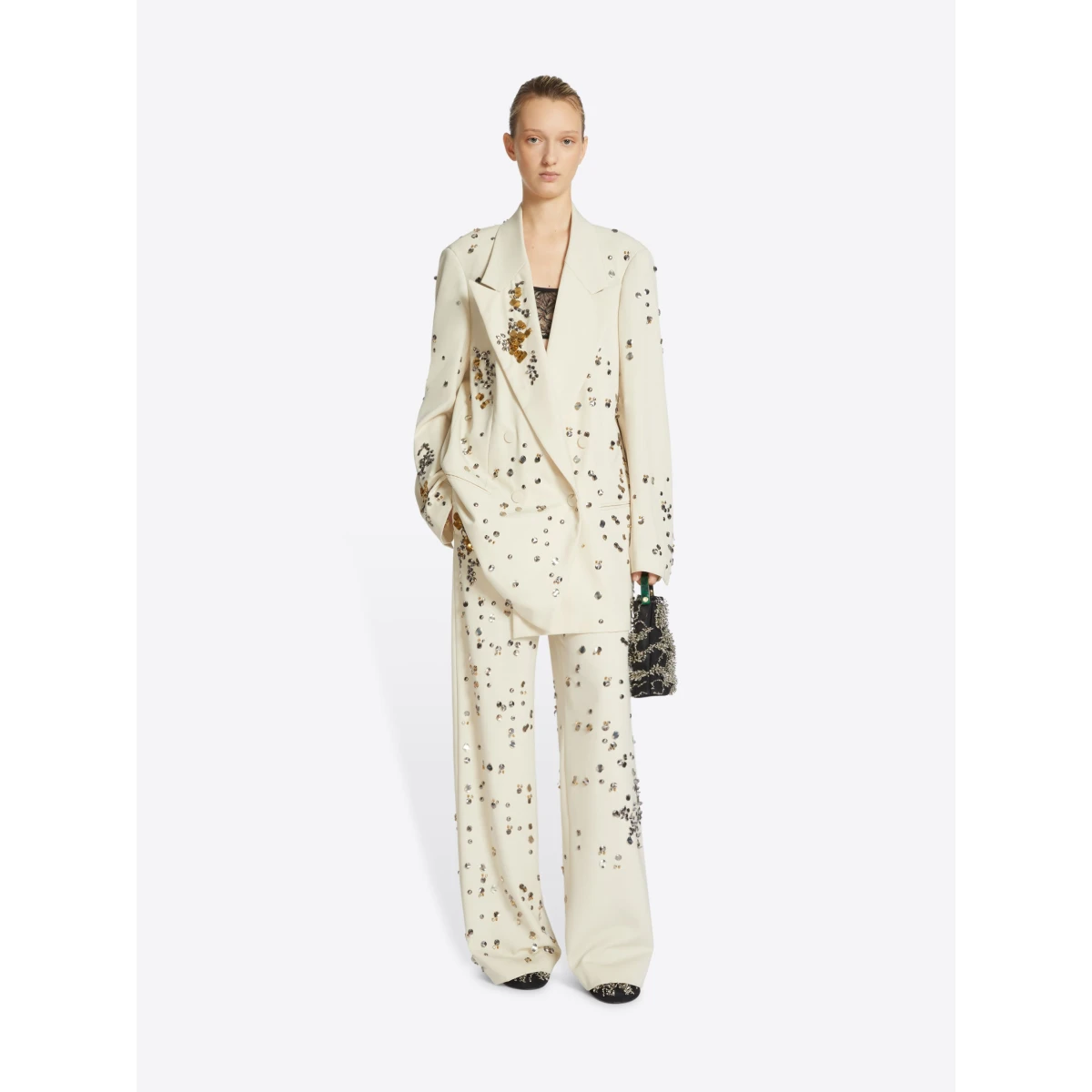 in embellished virgin wool gabardine.