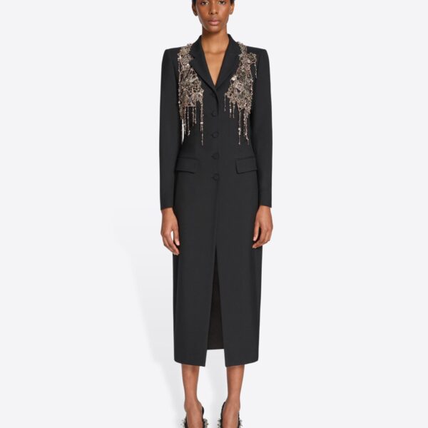 in embellished wool mohair twill.