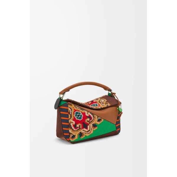 LOEWE Puzzle 10 Patchwork re-edition bag in calfskin, suede and canvas, view 2
